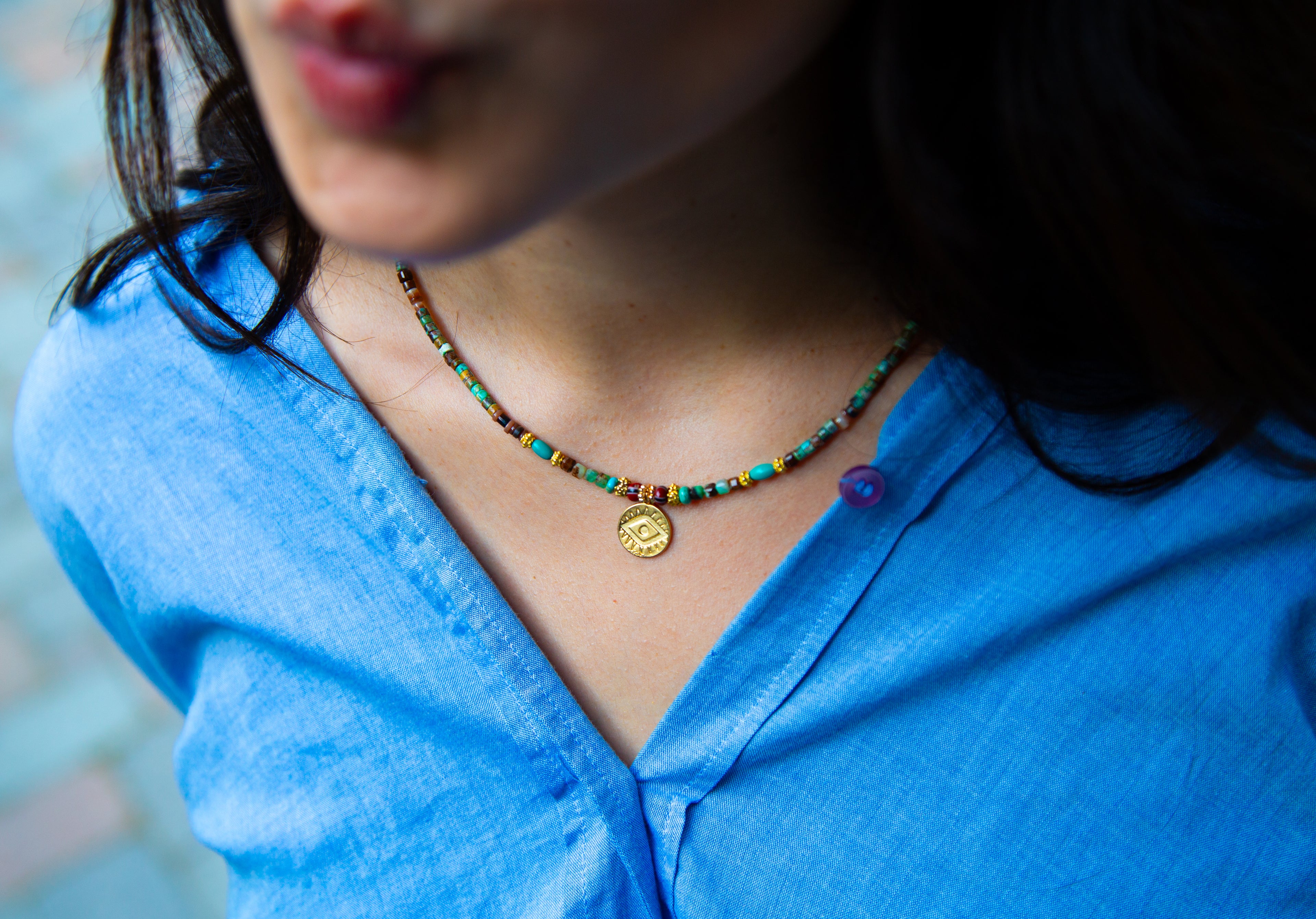 Mads Turquoise and Trade Bead + Charm Necklace