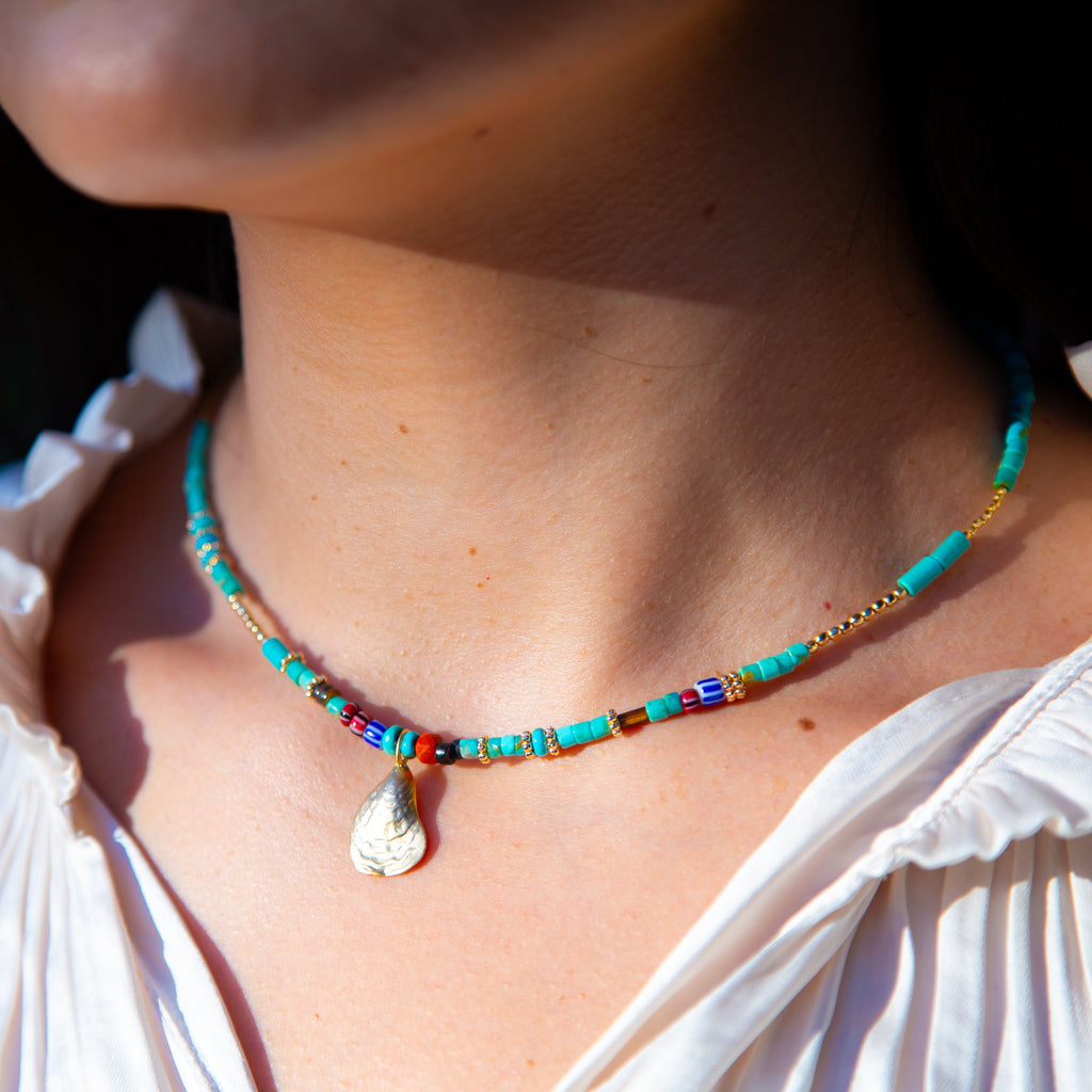 Mads Turquoise and Trade Bead + Charm Necklace