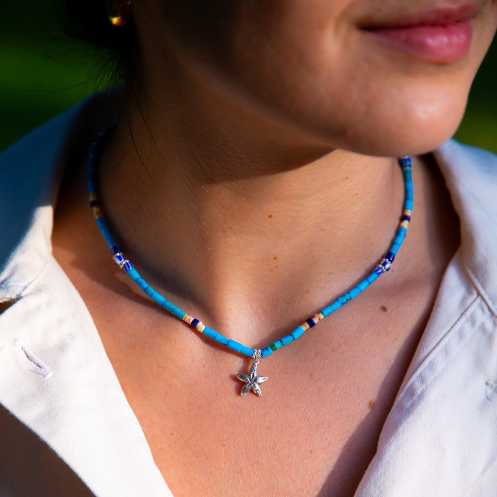 Emilia Sky Blue Turquoise + Charm Necklace